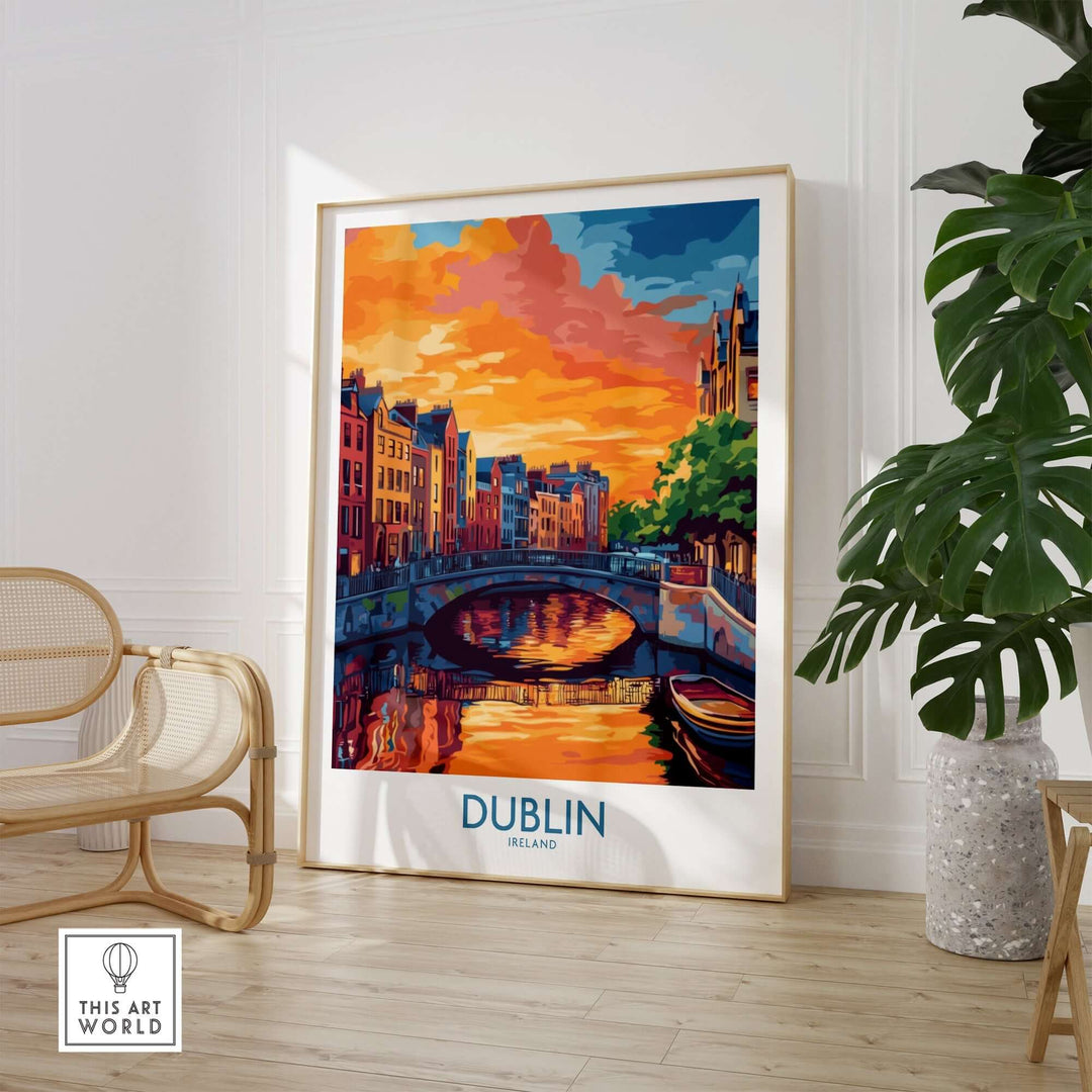 Dublin wall art poster featuring a vibrant sunset over a canal, showcasing colorful buildings and scenic views.