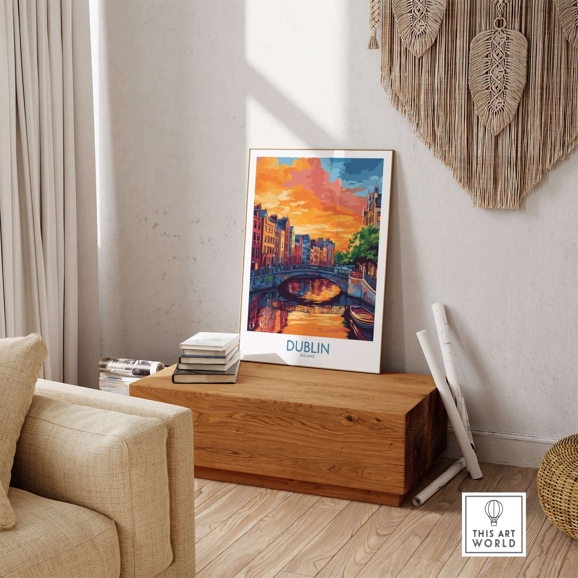 Dublin Wall Art Poster at Sunset displayed in a cozy living room setting, showcasing vibrant colors and intricate details.
