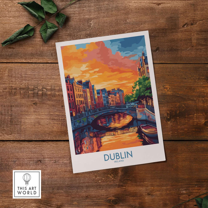 Dublin wall art poster showcasing a vibrant sunset over the River Liffey, capturing the city's iconic architecture and reflections.