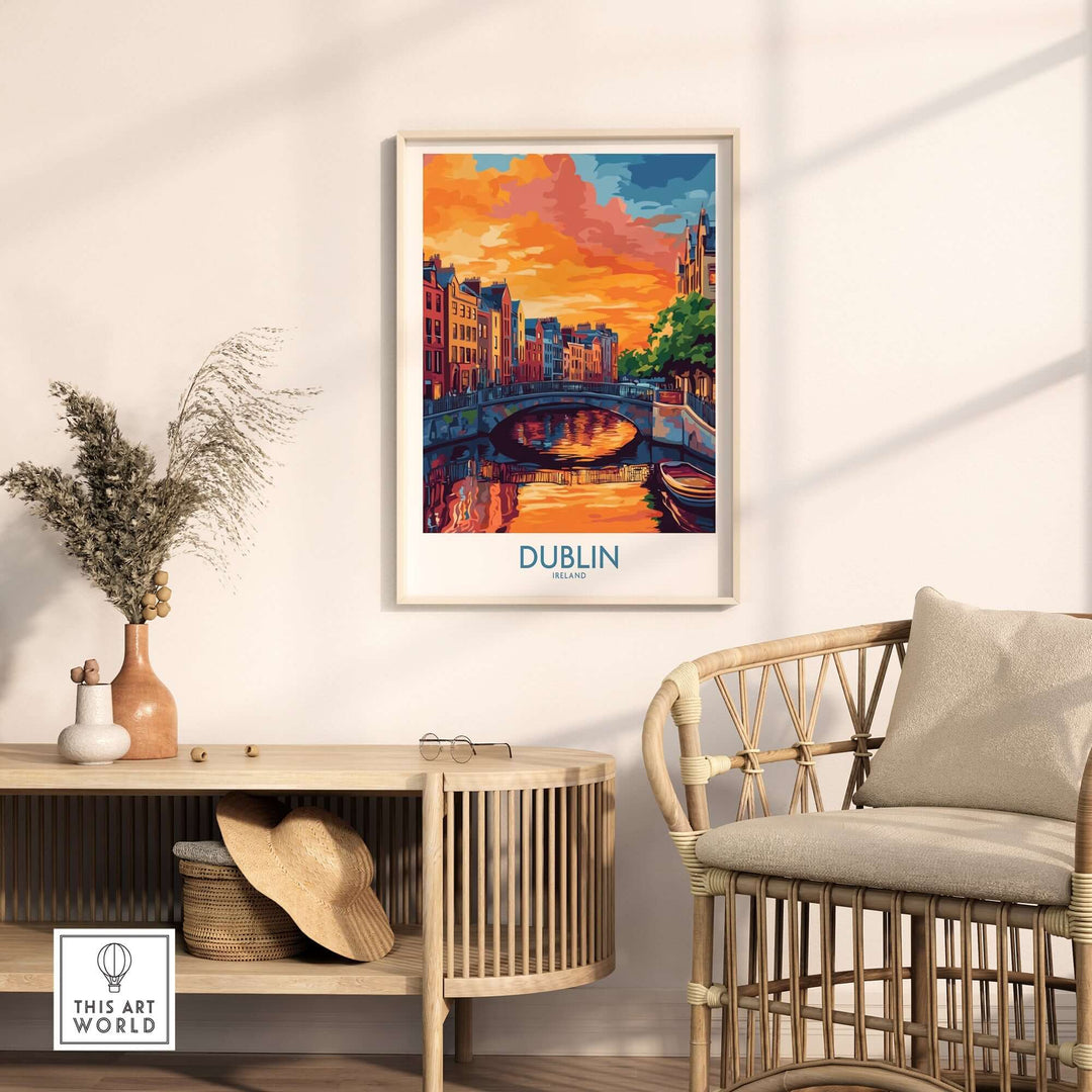 Dublin wall art poster featuring sunset colors and a scenic canal view in a cozy interior setting.