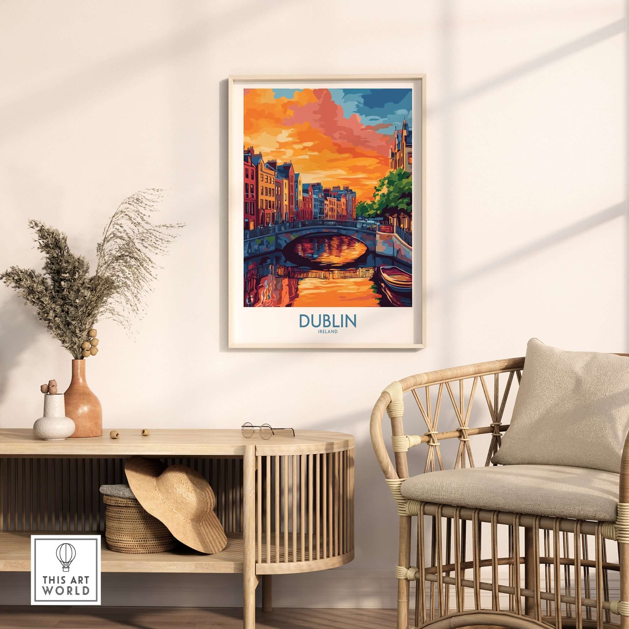 Dublin Wall Art Poster at Sunset displayed in a stylish interior setting with natural lighting.