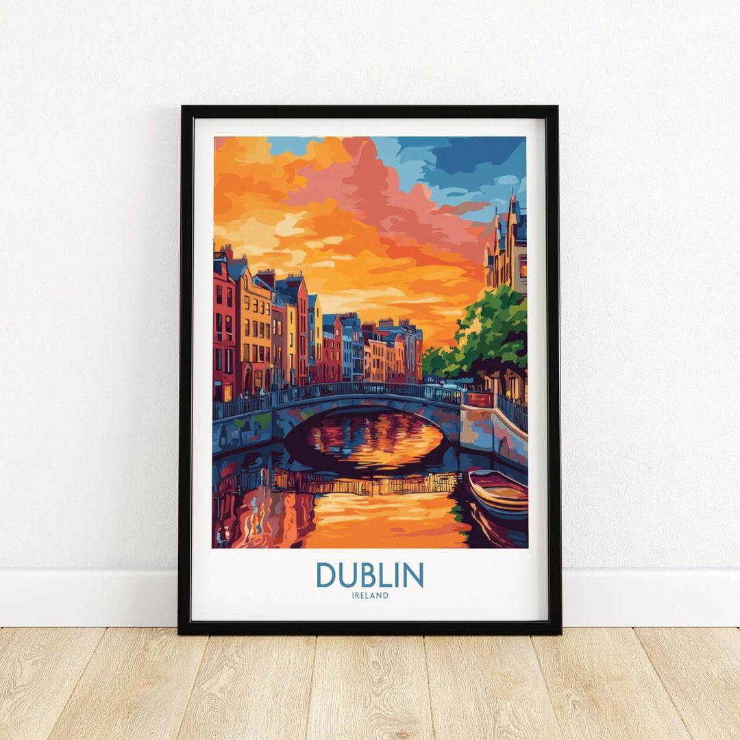 Dublin wall art poster featuring a sunset over a river with colorful buildings and reflections, perfect for home decor.