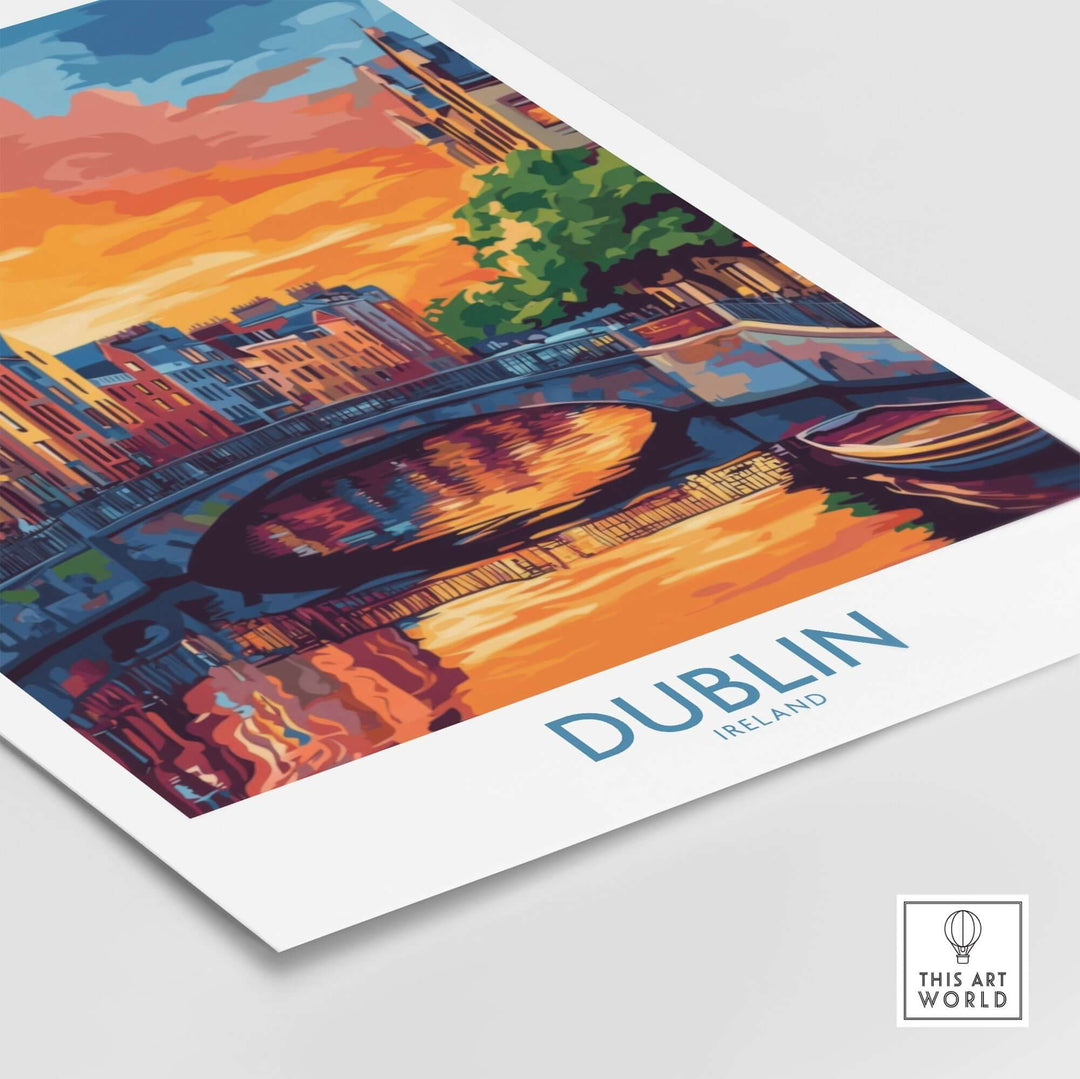 Dublin wall art poster featuring a vibrant sunset over the River Liffey and iconic architecture.