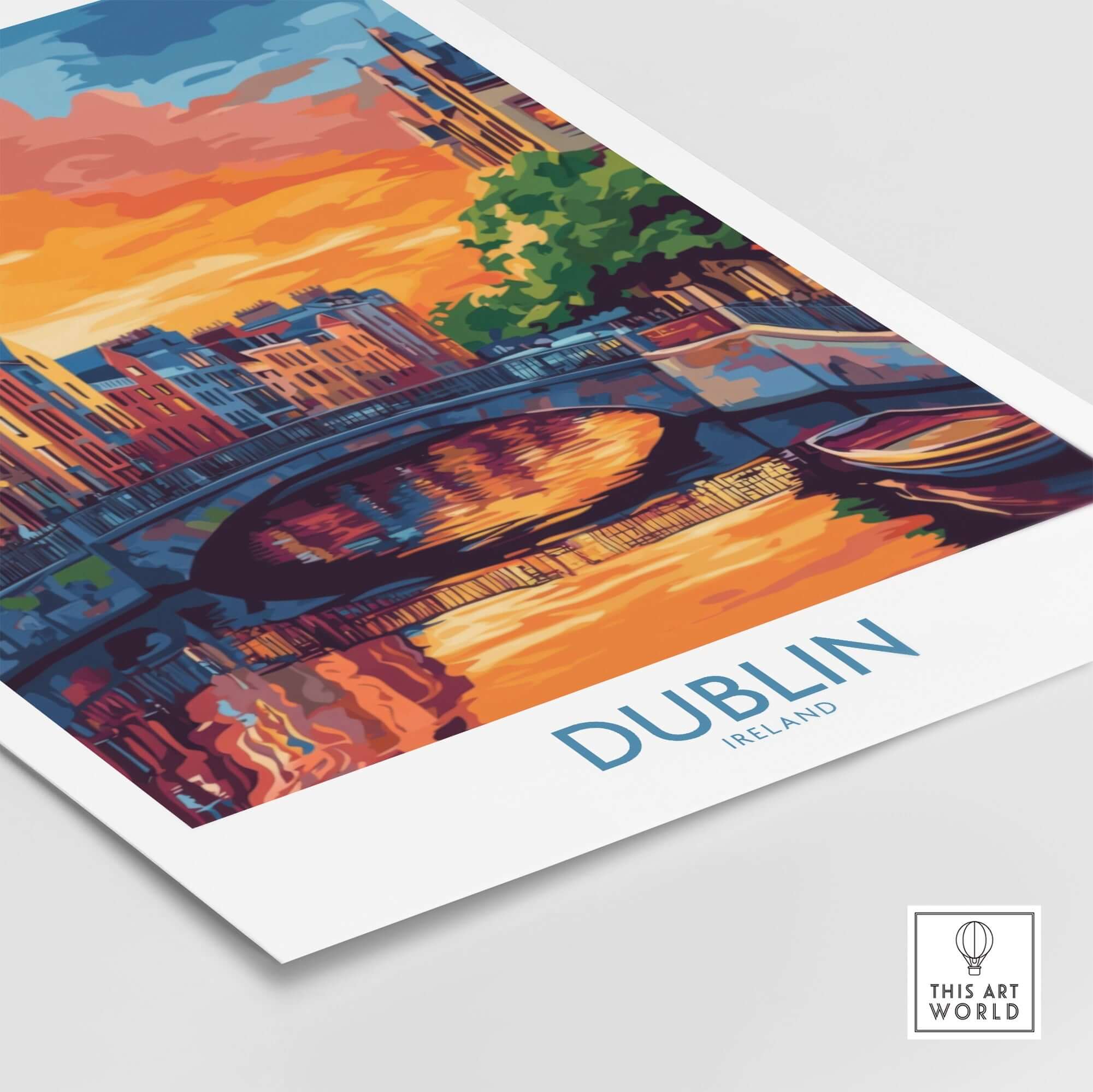 Dublin Wall Art Poster at Sunset featuring vibrant colors and reflections in the water, capturing the essence of Dublin.