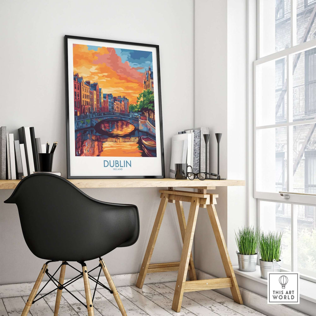 Dublin wall art poster depicting sunset reflections over the river, styled in a modern workspace setting.