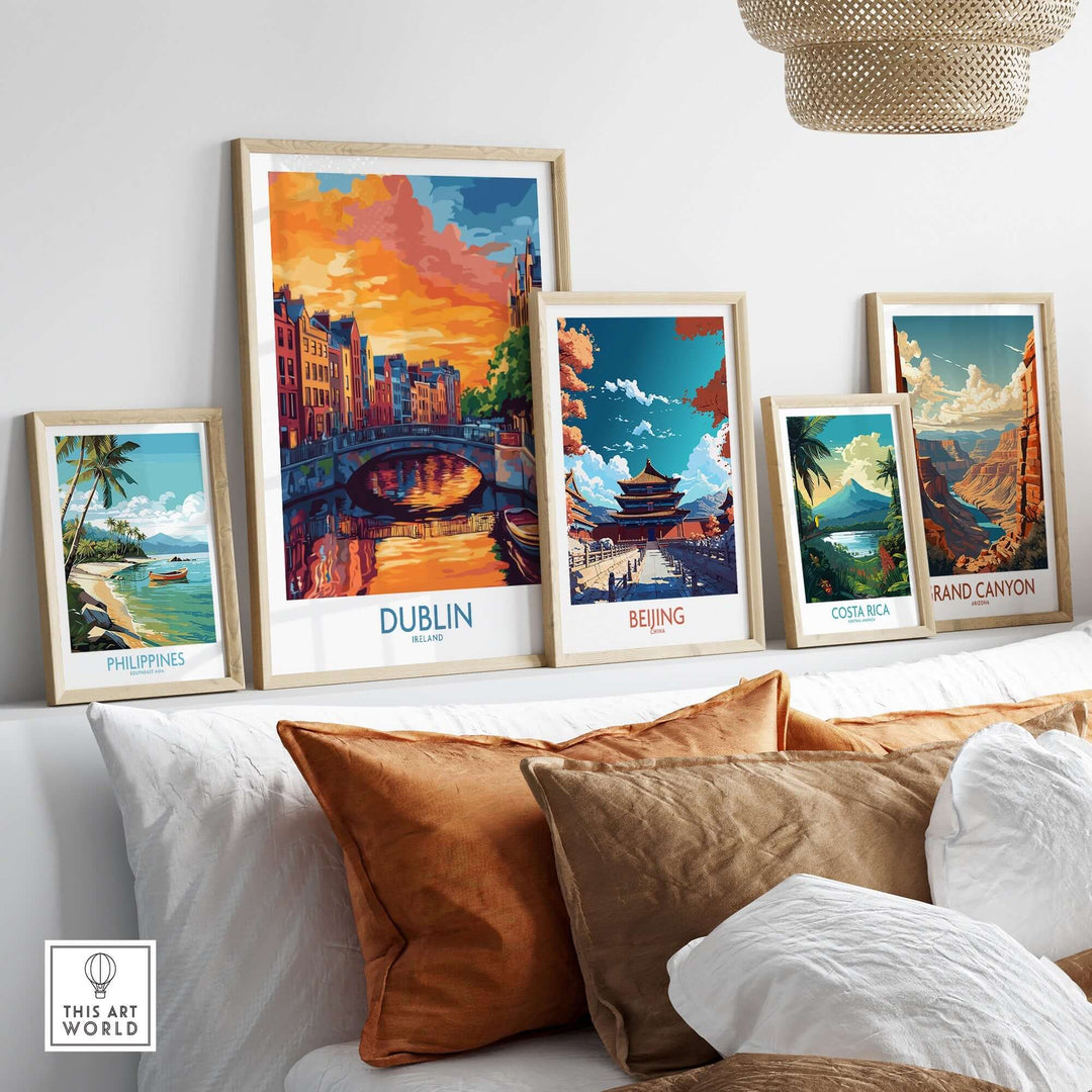 Dublin wall art poster displayed with scenic prints, showcasing vibrant sunset colors and global destinations.