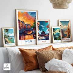 Dublin Wall Art Poster at Sunset displayed among other travel-themed posters in a stylish interior setting.