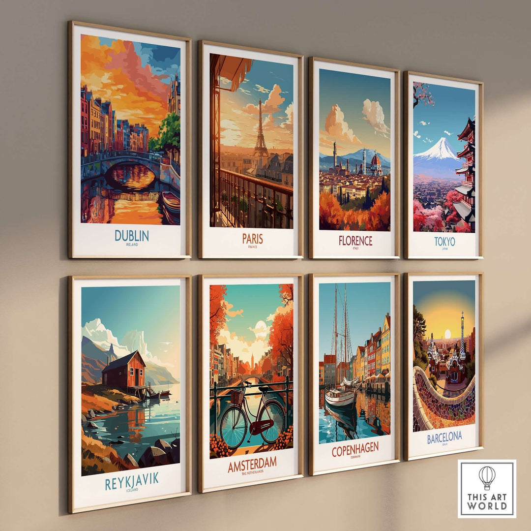 Colorful wall art featuring Dublin, Paris, Florence, Tokyo, Reykjavik, Amsterdam, Copenhagen, and Barcelona posters.