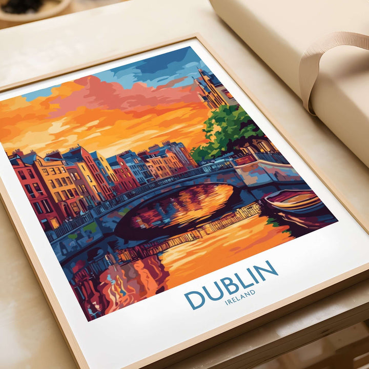 Dublin wall art poster featuring a vibrant sunset over the River Liffey with colorful buildings and reflections.