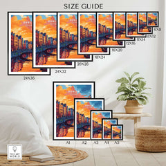 Dublin Wall Art Print size guide showing various frame sizes and a beautiful artwork of Dublin's skyline.