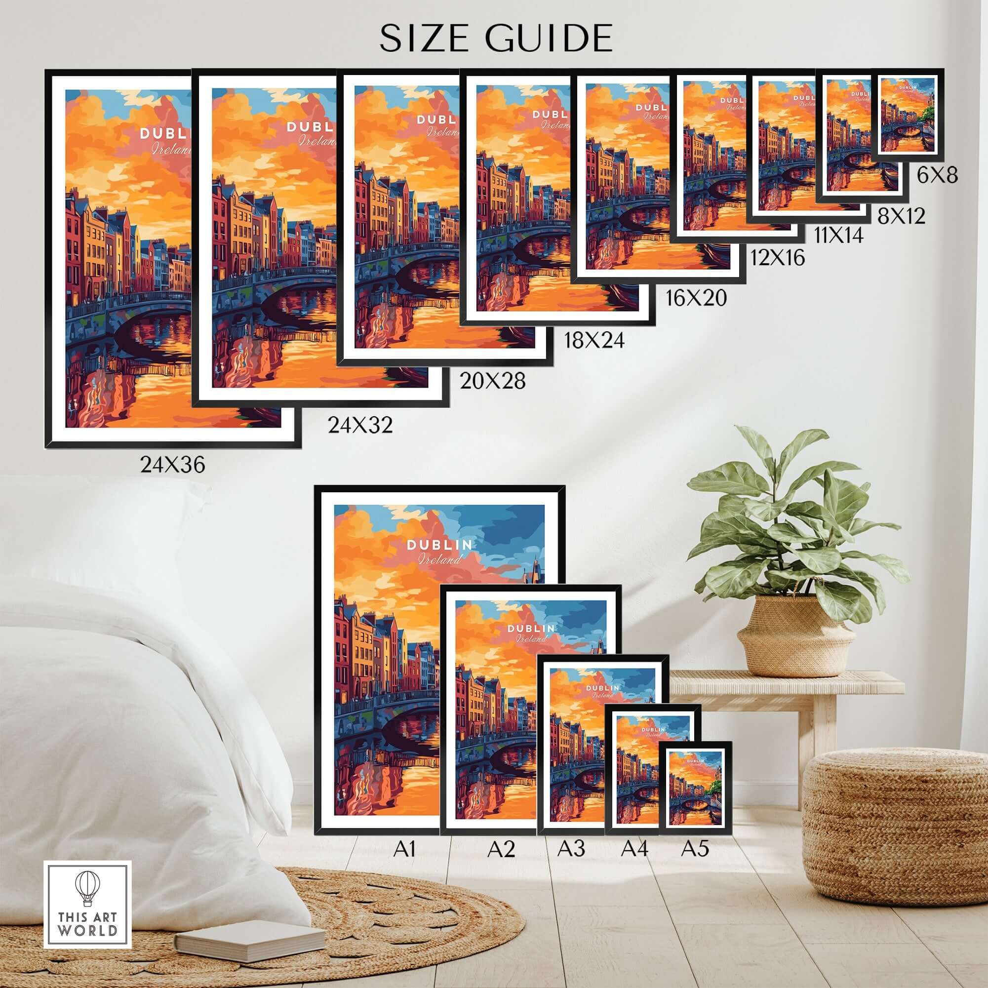 Dublin Wall Art Print size guide showing various frame sizes and a beautiful artwork of Dublin's skyline.