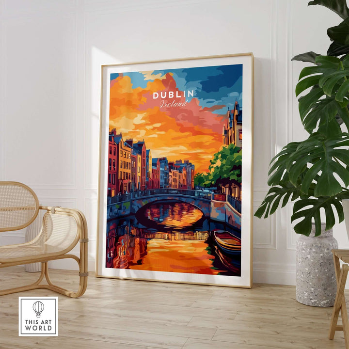 Dublin wall art print featuring a vibrant sunset over the river, perfect for home decor enthusiasts.