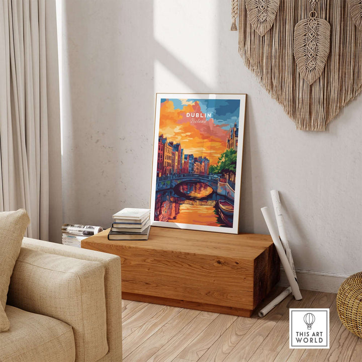 Dublin wall art print featuring a vibrant sunset over the cityscape, elegantly displayed in a modern living room setting.