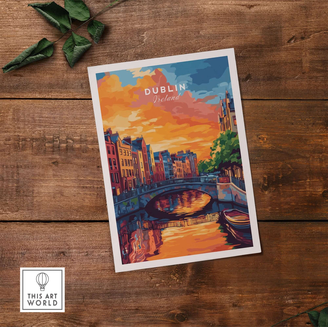 Dublin wall art print featuring vibrant sunset over a canal, showcasing colorful buildings and reflections.