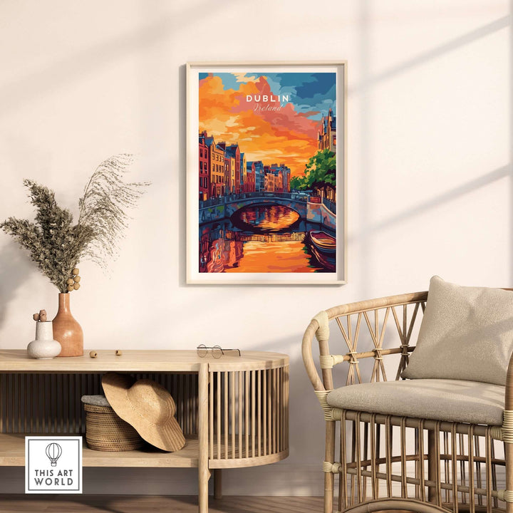 Dublin wall art print showcasing a vibrant riverside scene with colorful buildings and a sunset backdrop.