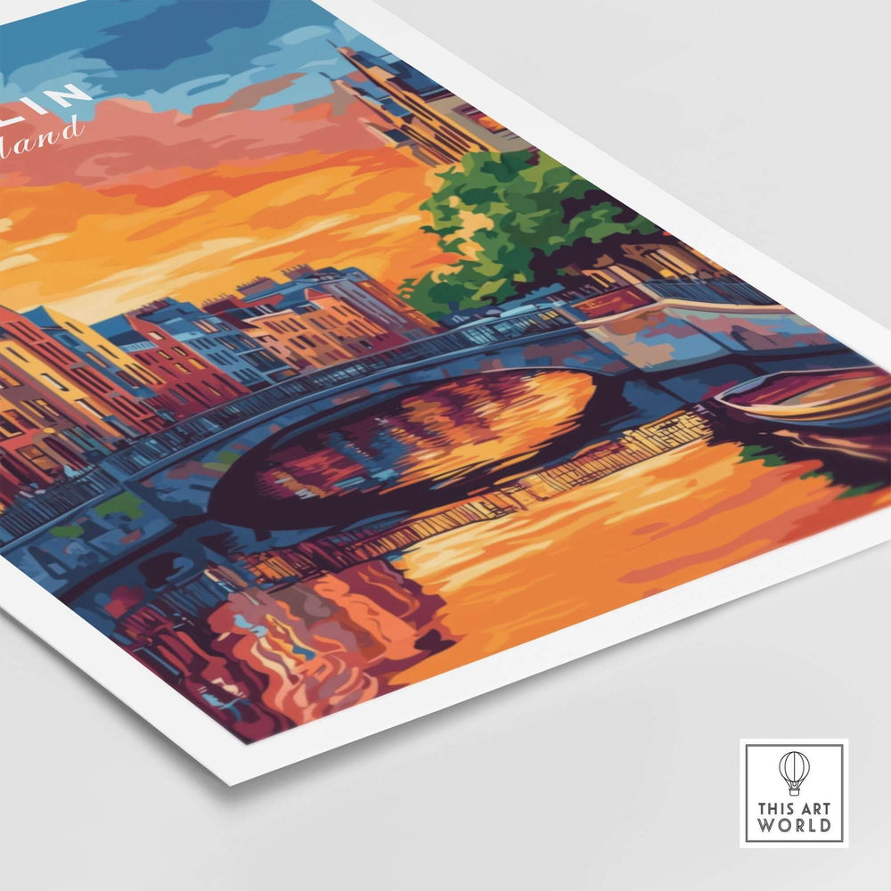 Dublin wall art print featuring a vibrant sunset over a colorful bridge and buildings by the water.