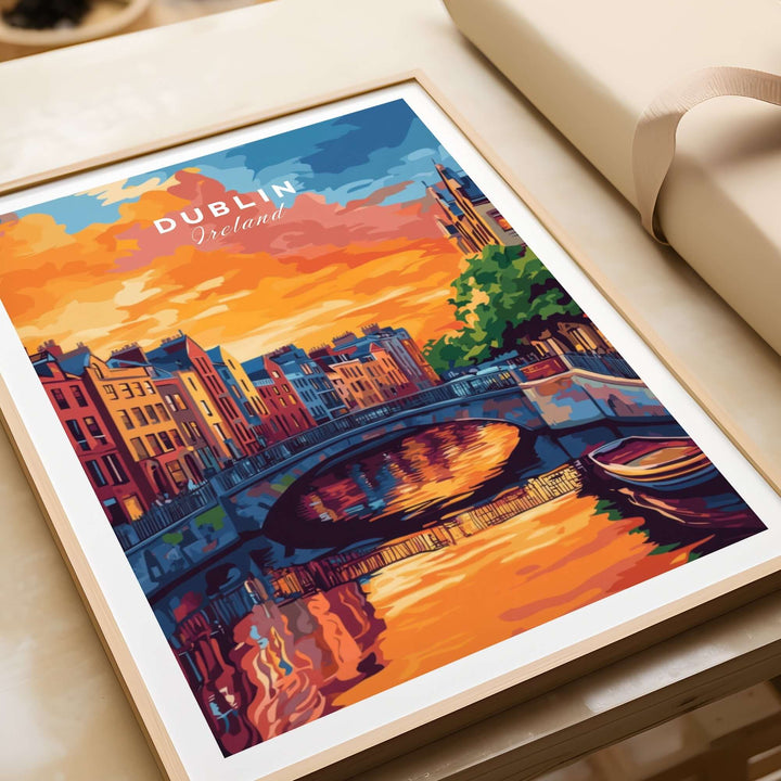 Dublin wall art print featuring a vibrant sunset over a river with colorful buildings and a bridge in Ireland.