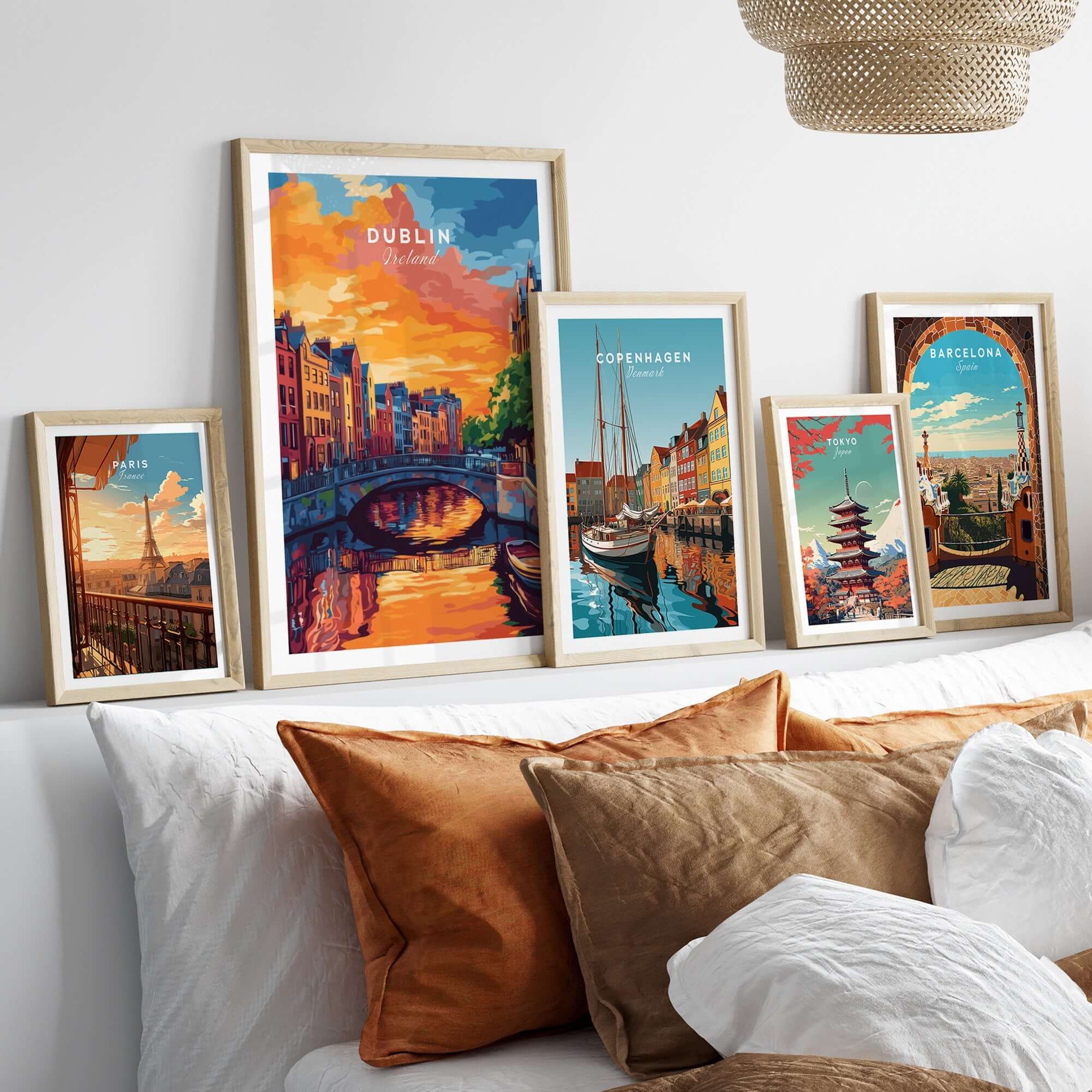 Dublin Wall Art Print displayed among other vibrant city prints, enhancing home decor and inspiring wanderlust.