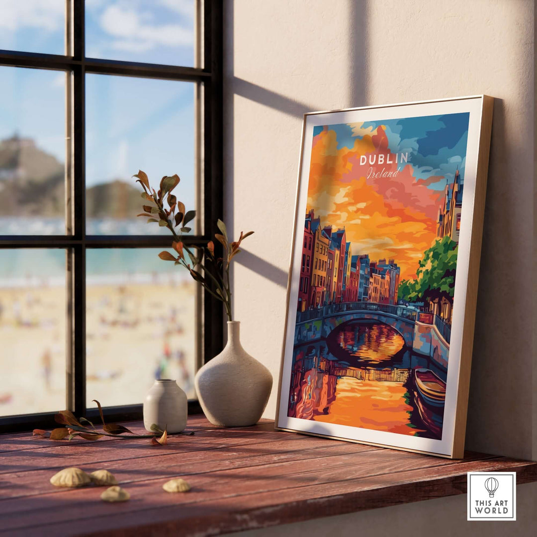 Dublin wall art print in a stylish setting featuring vibrant colors and a picturesque canal scene.