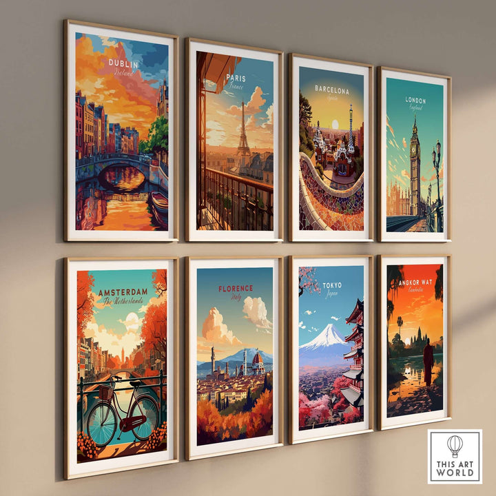 Colorful wall art prints of iconic cities including Dublin, Paris, Barcelona, London, and more in stylish frames.