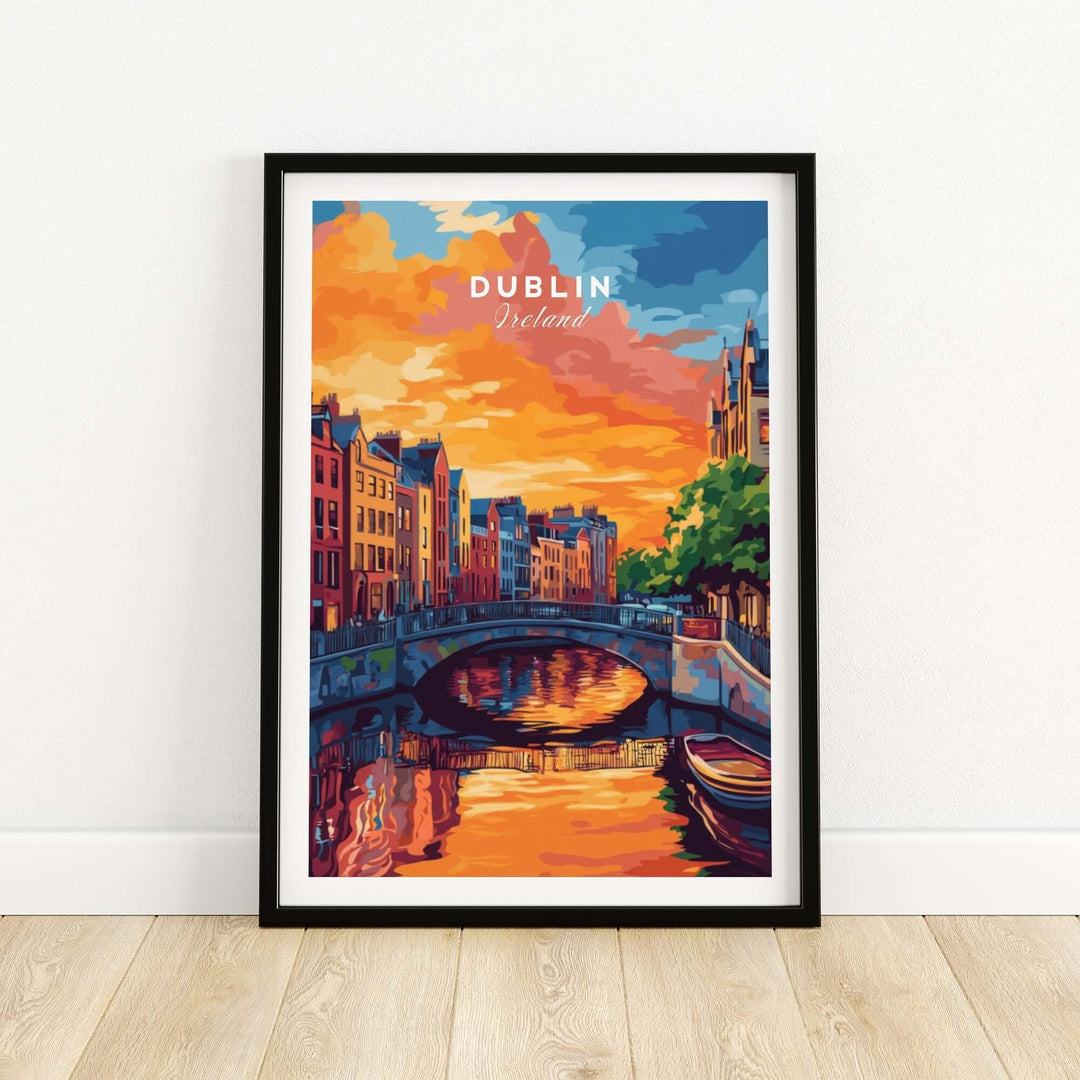 Colorful Dublin wall art print showcasing a vibrant sunset over a canal and historic buildings in Ireland.