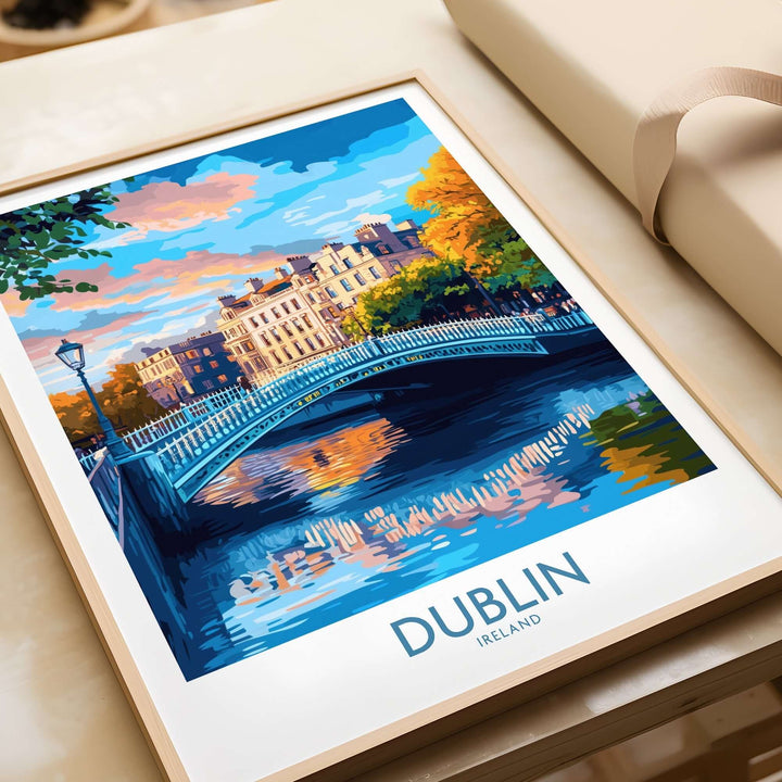 Colorful Dublin wall art featuring the iconic Ha'penny Bridge and picturesque cityscape reflections.