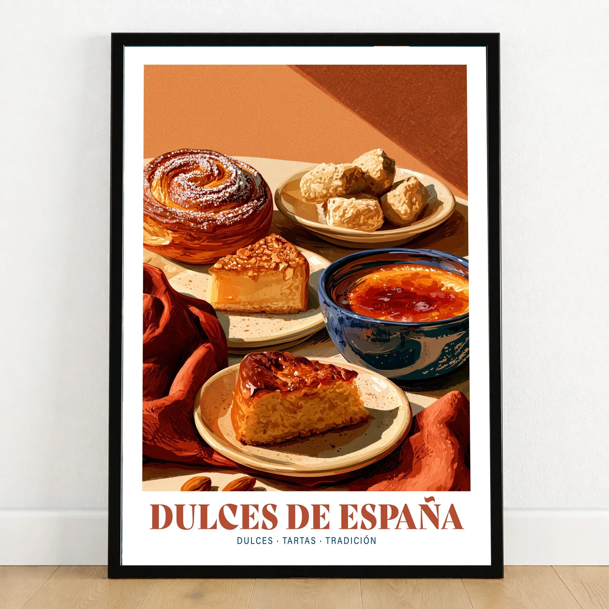 Spanish Sweets Kitchen Wall Art - art print in black frame on wooden floor