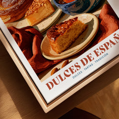 Spanish Sweets Kitchen Wall Art - closeup framed canvas natural wood floating frame
