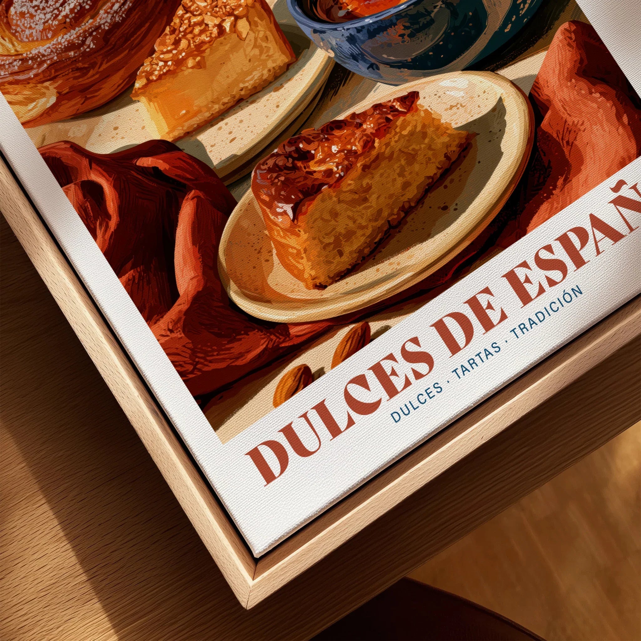 Spanish Sweets Kitchen Wall Art - closeup framed canvas natural wood floating frame