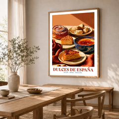 Spanish Sweets Kitchen Wall Art - dining room framed print natural wood frame mockup ThisArtWorld
