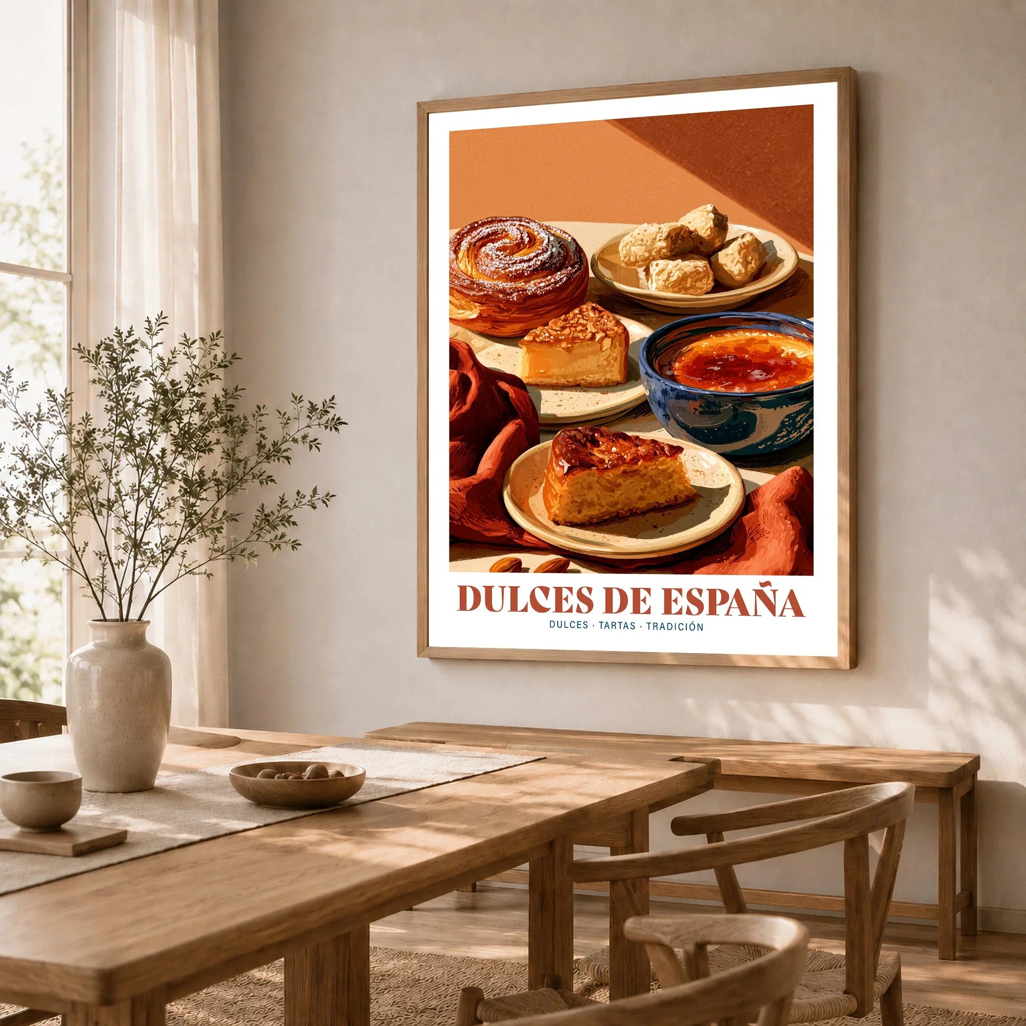 Spanish Sweets Kitchen Wall Art - dining room framed print natural wood frame mockup ThisArtWorld