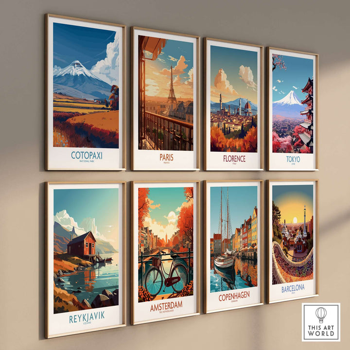 Collection of vibrant travel posters featuring Cotopaxi, Paris, Florence, Tokyo, Reykjavik, Amsterdam, Copenhagen, and Barcelona.