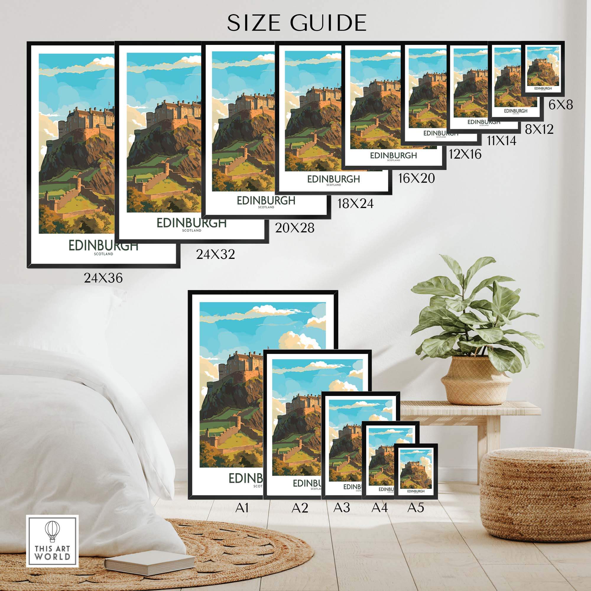 Edinburgh Print | Modern Style size guide showcasing various prints of Edinburgh Castle on display.