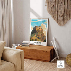 Edinburgh Print | Modern Style showcasing a vibrant Edinburgh Castle art piece in a stylish interior setting.