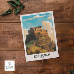 Edinburgh Print | Modern Style featuring Edinburgh Castle on a rustic wooden background for travel enthusiasts.