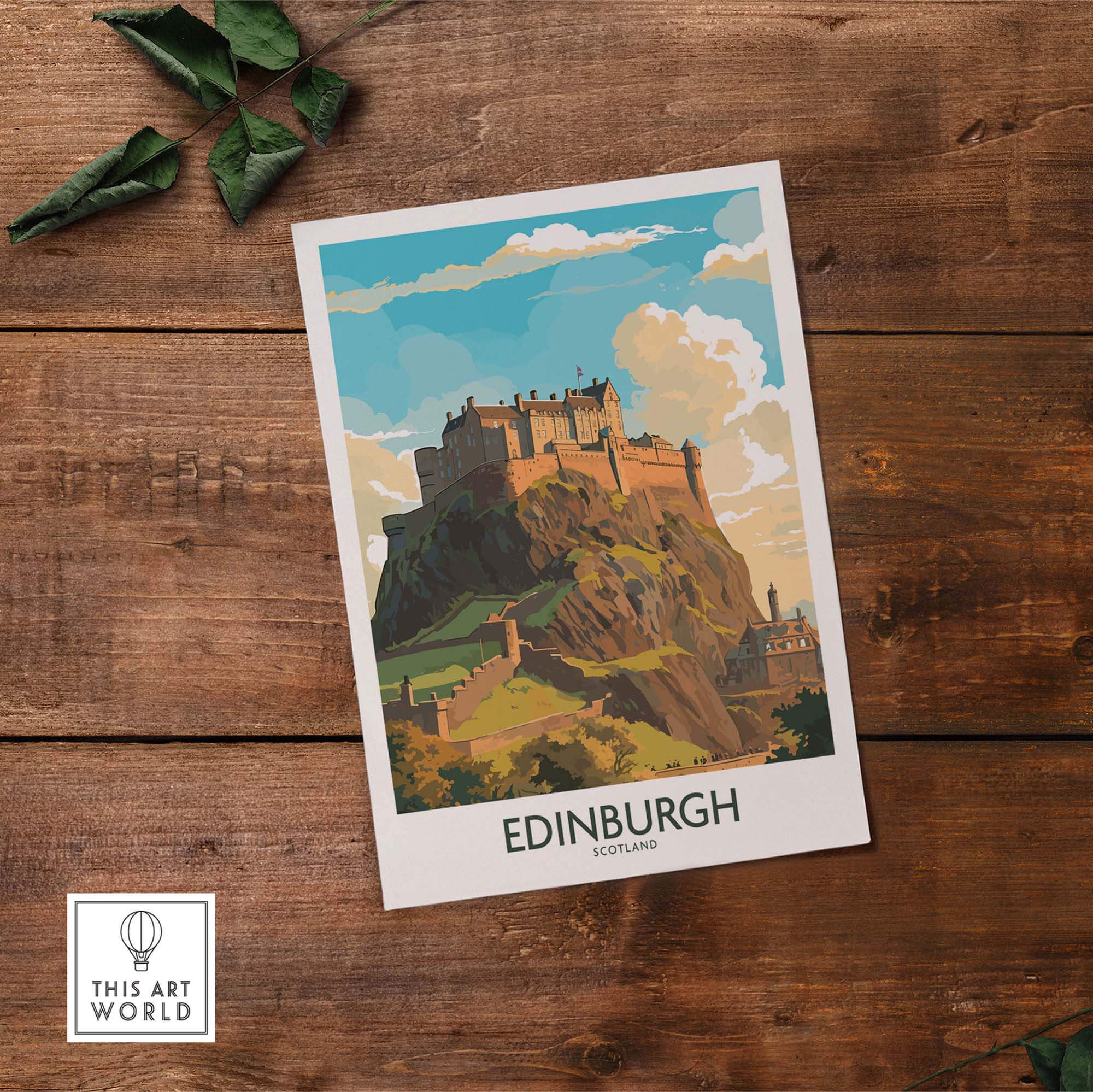 Edinburgh Print | Modern Style featuring Edinburgh Castle on a rustic wooden background for travel enthusiasts.