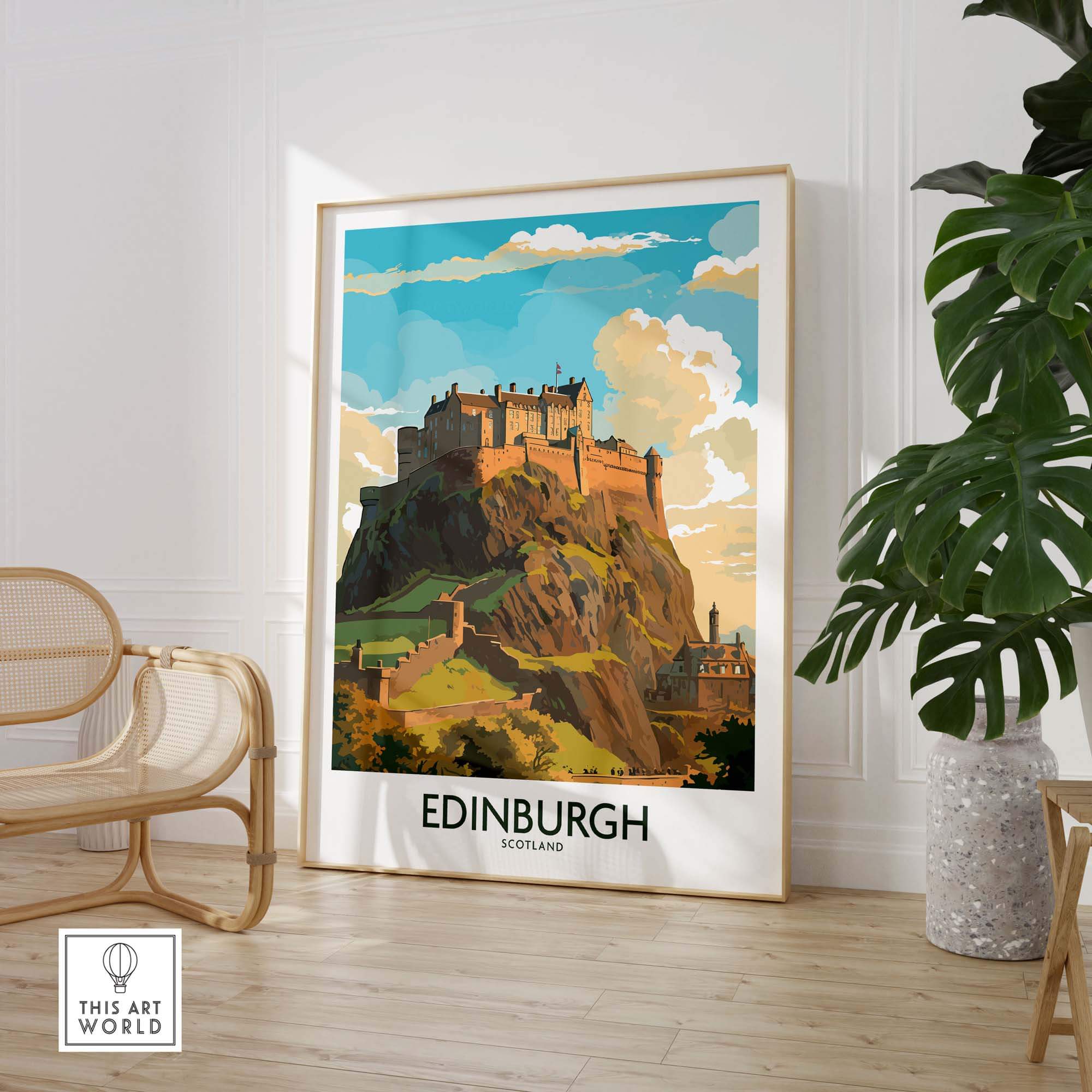 Edinburgh Print | Modern Style featuring Edinburgh Castle wall art in stylish interior setting.