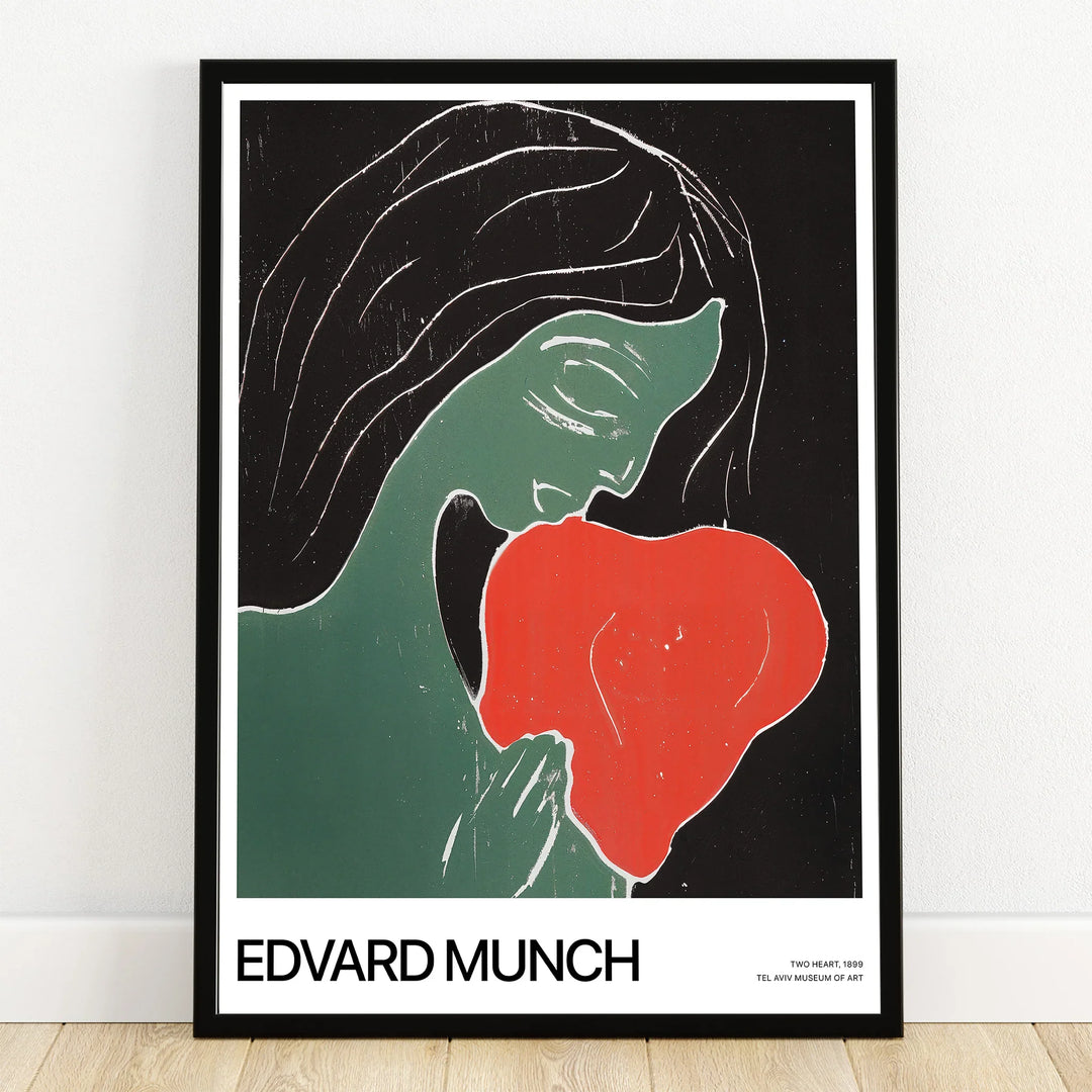 Framed Edvard Munch art print featuring abstract woman with red heart shape, modern wall decor