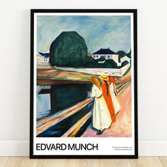 Edvard Munch art print of two women on a bridge with houses and tree, framed wall decor