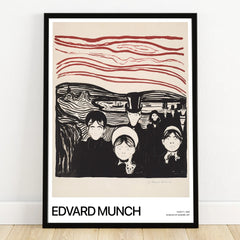 Framed Edvard Munch art print of somber figures under swirling red sky, modern wall decor
