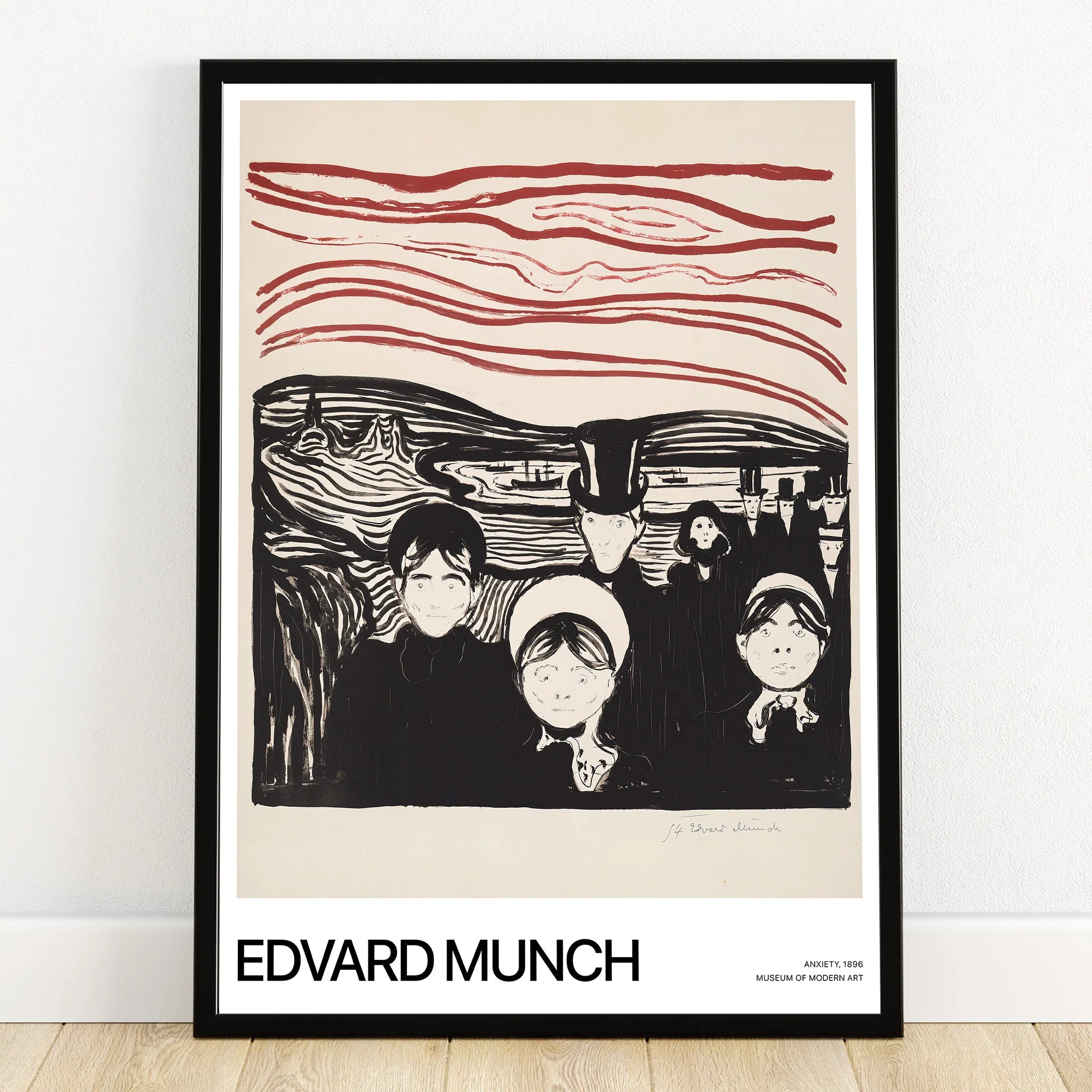 Framed Edvard Munch art print of somber figures under swirling red sky, modern wall decor