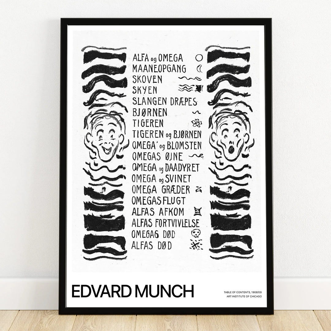 Black and white Edvard Munch art print with abstract faces, Norwegian text, and bold lines in black frame