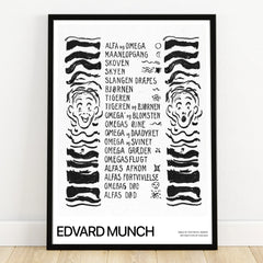 Black and white Edvard Munch art print with abstract faces, Norwegian text, and bold lines in black frame