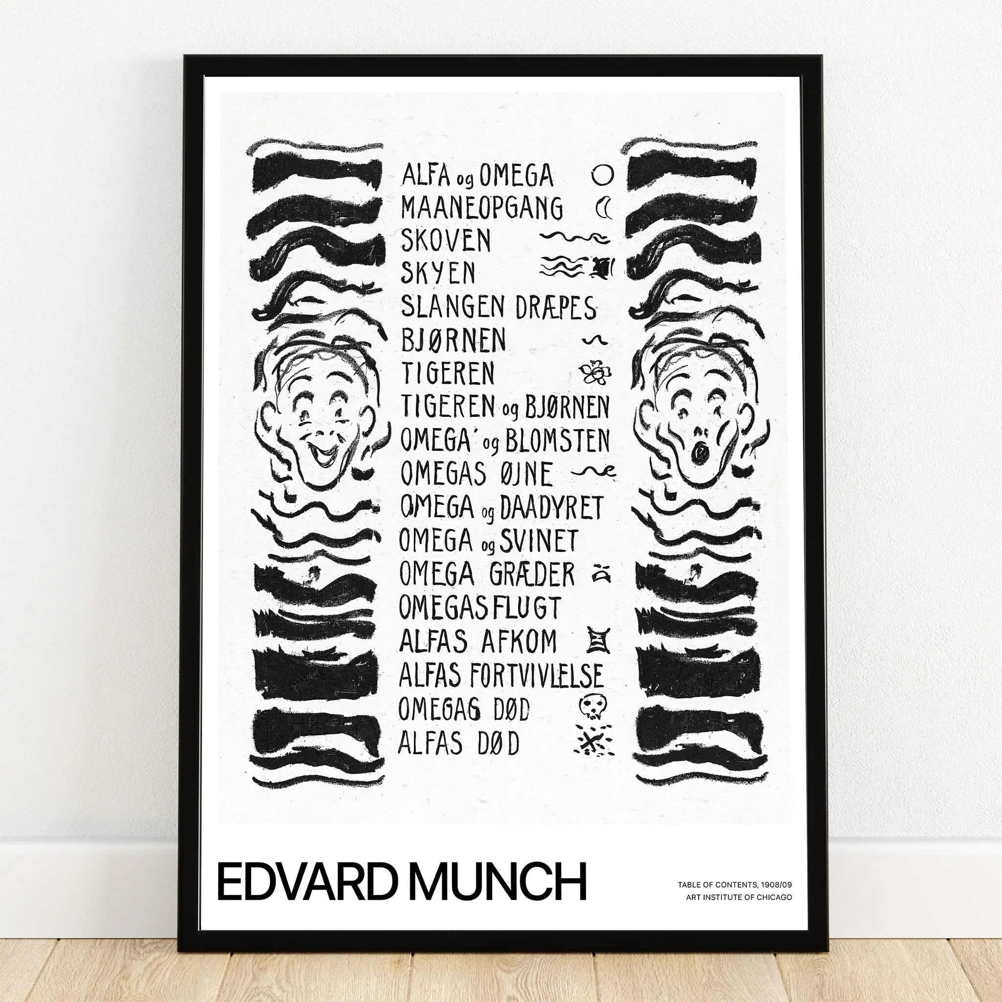 Black and white Edvard Munch art print with abstract faces, Norwegian text, and bold lines in black frame