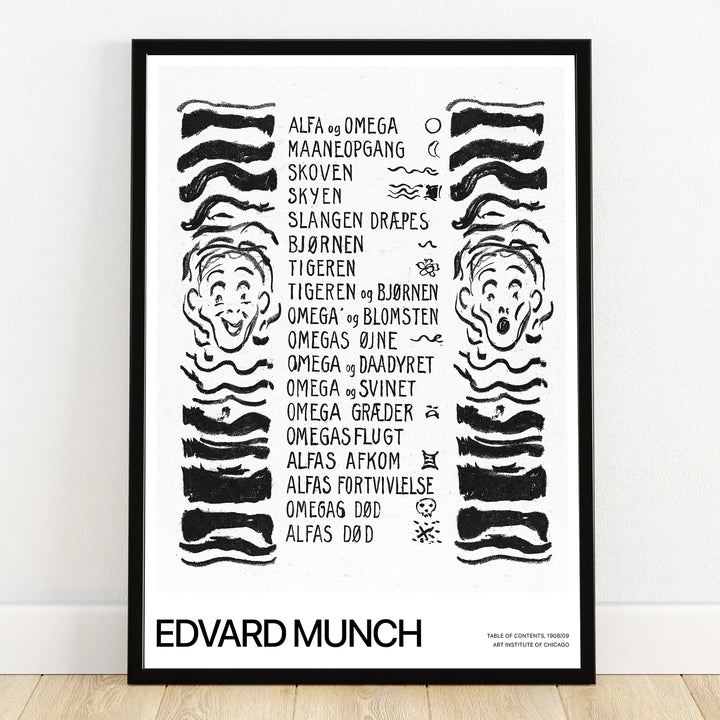 Black and white Edvard Munch art print with abstract faces, Norwegian text, and bold lines in black frame