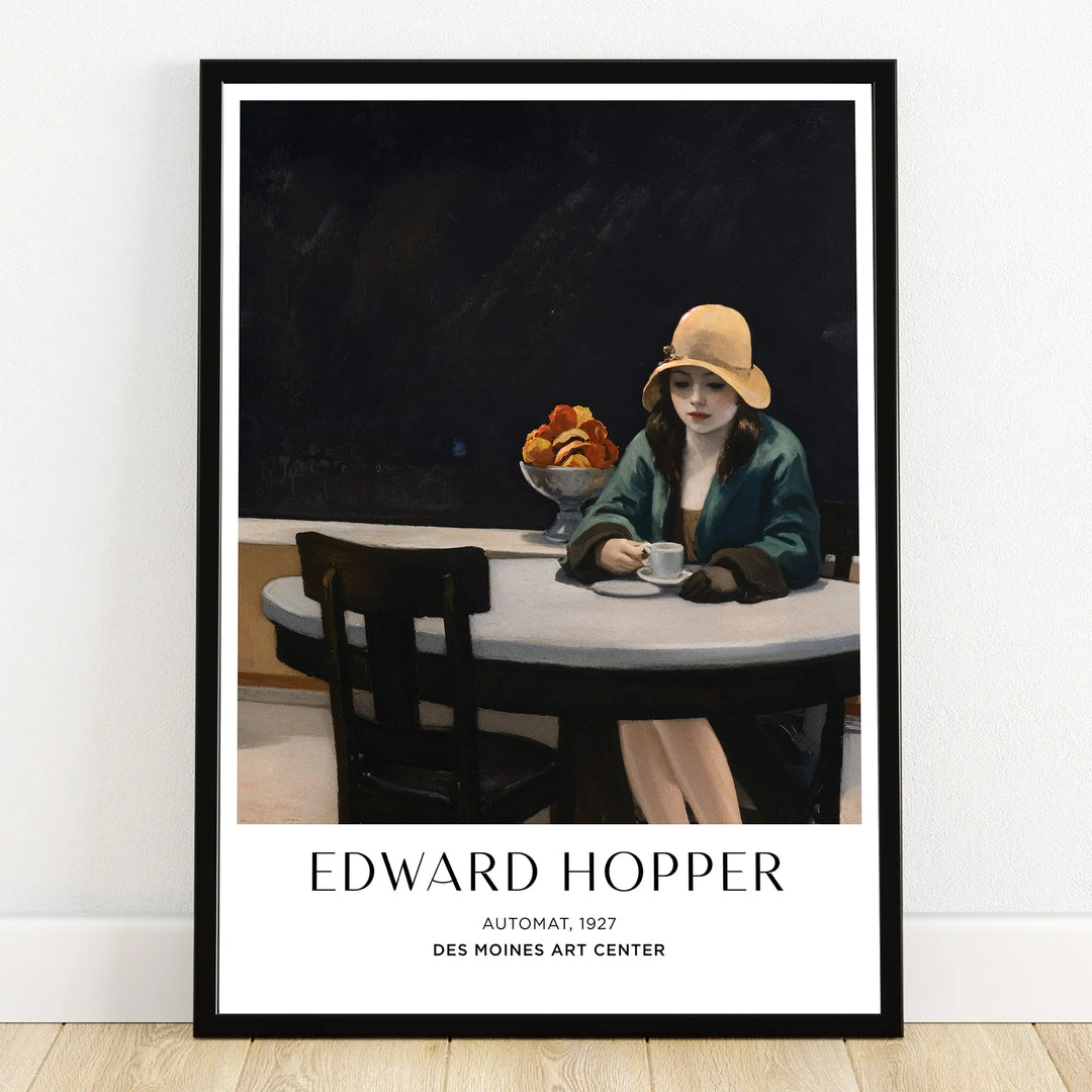Framed Edward Hopper art print featuring a woman in a café with a cup, stylish wall decor