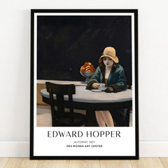 Framed Edward Hopper art print featuring a woman in a café with a cup, stylish wall decor