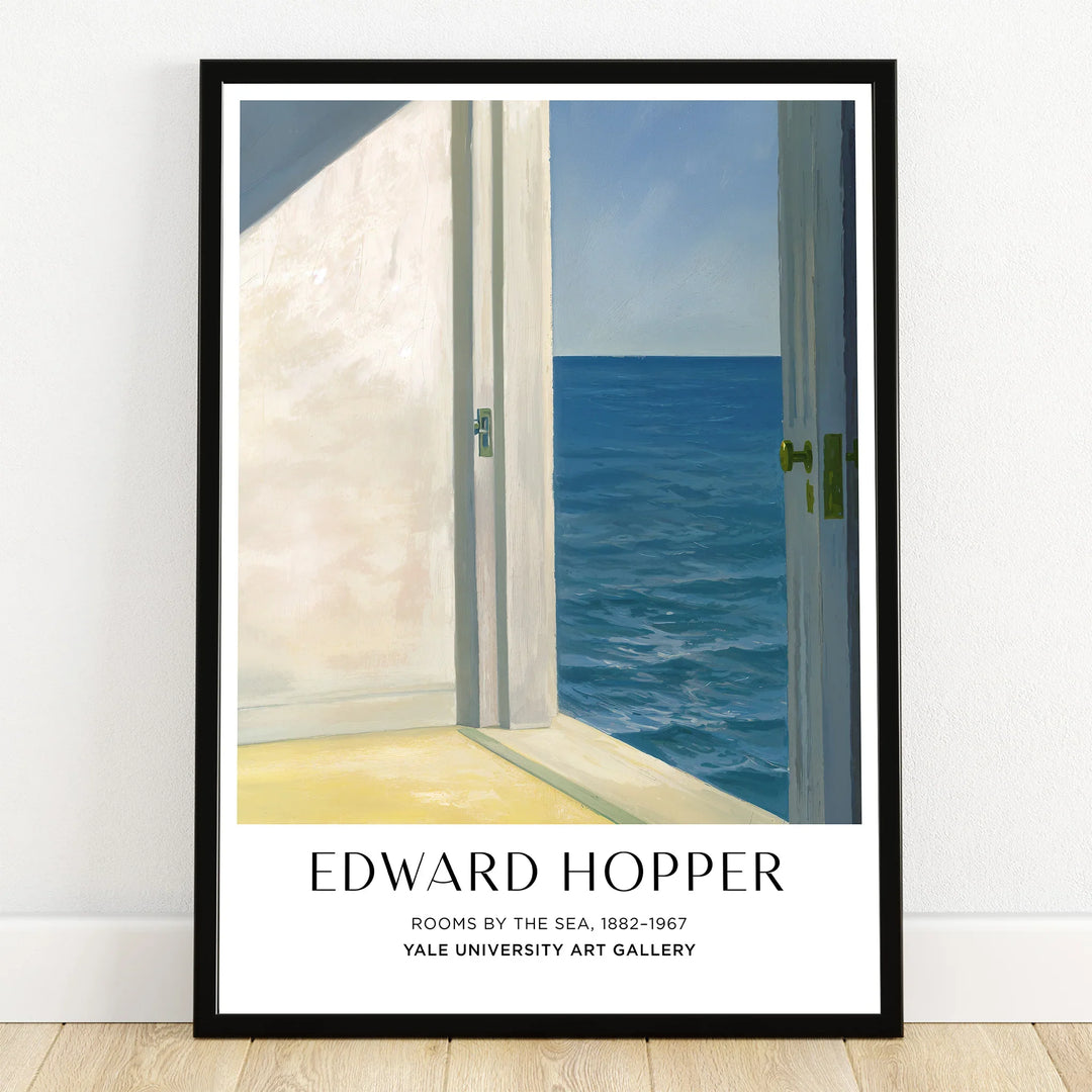 Framed Edward Hopper print showing open door to ocean view, minimalist wall art decor