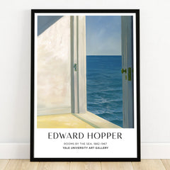 Framed Edward Hopper print showing open door to ocean view, minimalist wall art decor