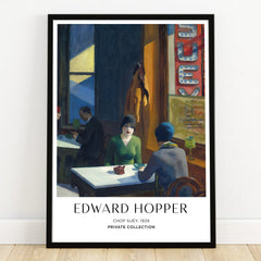 Edward Hopper Chop Suey art print in black frame, vibrant diner scene wall art